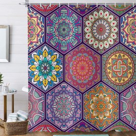 ASDCXZ Boho Shower Curtain 180 x 200 cm, Vintage Art Boho Style Colourful Datura Flowers Geometry Pattern Waterproof Shower Curtains Polyester Washable Textile Bathroom Curtain for Bathtub with 12