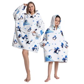 Geagodelia Oversized Hoodie Blanket Fluffy Fleece Blanket Hoodie for Women Kids Soft Warm Wearable Hooded Blanket Family Matching Winter (White - Penguin, 6-10 Years)