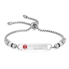 mnmoom Medical Alert Bracelets for Women Stainless steel Heart Medical ID bracelets with Free Engraving (Slider Box chain-Steel/NO BP/IV/NEEDLES THIS ARM)