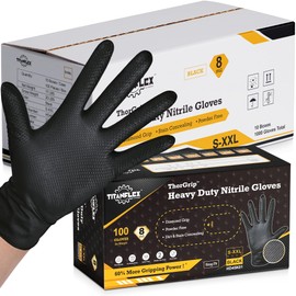 TitanFlex Heavy Duty Black Industrial Nitrile Gloves, 8-mil, XL, Box of 100, Latex Free, Raised Diamond Texture, Powder Free, Food Safe, Rubber Gloves, Mechanic Gloves