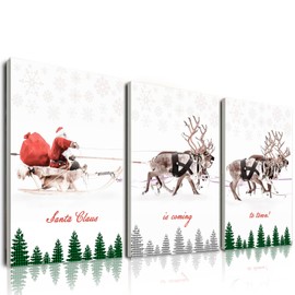 Christmas Wall Art Set of 3, Framed Canvas Wall art Santa Claus Sleigh with Reindeer Design Christmas Wall Decor Prints Xmas Sign Decor for Living Room, Bedroom, Office, Wall Decor, Home Decorations