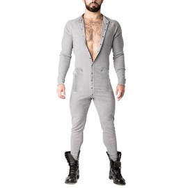 Muscle Alive Mens Long Sleeve Onesie Henley Jumpsuit Stretchy Cotton Ramper Grey L