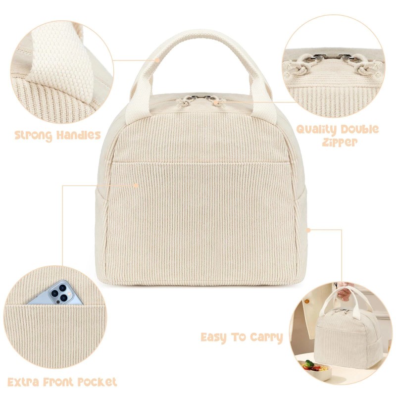 Bluboon Beige Corduroy Insulated Lunch Bag Spacious Lightweight Cooler Tote
