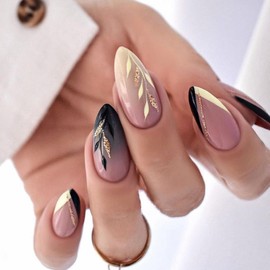 CEWEWP French Tip Press on Nails Almond Medium Acrylic Nails Black Yellow Nail Tip Fake Nails with Nail Glue False Nails with Glitter Leaf Designs Pink Glossy Artificial Nails for Women Girls