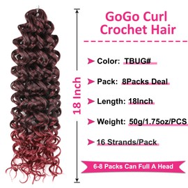Unionbeauty GoGo Curl Crochet Hair 18 Inch 8 Packs Curly Braiding Hair for Goddess Box Braids Ocean Wave Crochet Braids Ombre Burgundy Synthetic Beach Curl for Black Woman TBug#