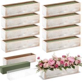 Sintuff 8 Set Rectangle Wooden Planters, 17 x 4 Inch Wood Boxes with Removable Plastic Liner & Floral Foam Blocks, Rustic Wood Planter for DIY Centerpieces Home Wedding Garden Bookshelf Decor
