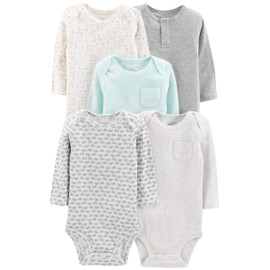 Simple Joys by Carter's Baby 5-Pack Neutral Long-Sleeve Bodysuit, grey/blue stripe, 18 Months