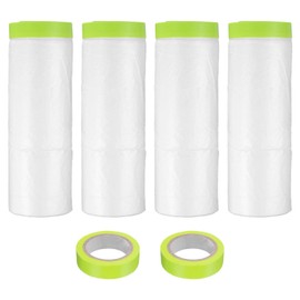 sourcing map Pre-Taped Masking Film, 4.9ft x 66ft with 2 Extra Painters Tape, Plastic Drop Cloth with High-Tack Painters Tape for Painting Protection, Green, 4Pcs