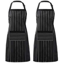 Syntus 2 Pack Adjustable Bib Apron with 3 Pockets Cooking Kitchen Aprons for Women Men Chef, Black/White Pinstripe