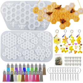 Attuslla Coaster Silicone Resin Kits Honeycomb Shape Resin Pendant Molds Silicone with Keychain Tassels, Eye Screw Pins for DIY Keychain, Coaster