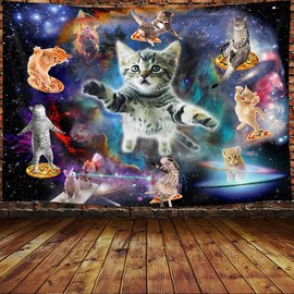 Tapiz de gato para colgar en la pared, divertido gatitos, cielo estrellado, nebulosa, galaxia, tapiz de la vía láctea, espacio psicodélico, hippie, para colgar en la pared, decoración del hogar, recámara, sala de estar, recámara, manta de pared, 71 x 60 