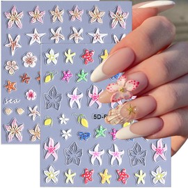 Lily Flowers Shells Starfish Nail Stickers 5D Embossed Nail Art Stickers Summer Sea Theme Nail Design Decal Hawaiian Flower Manicure Sliders for Women DIY Floral Nail Art Decoration Supplies 2 Sheets