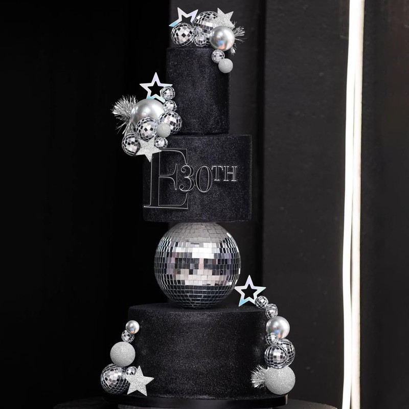 DRWATE Decoración para tartas de discoteca, 47 piezas, plateado, metálico,