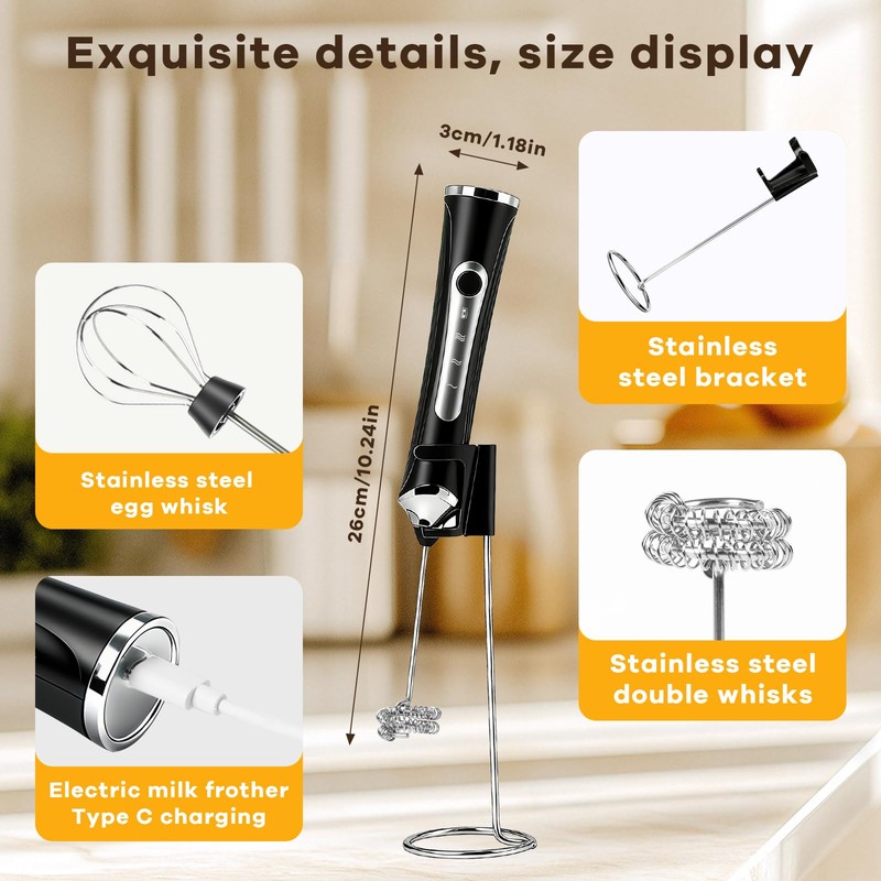 Milk Frother Handheld Rechargeable with Stand Frother Wand Foam Maker
