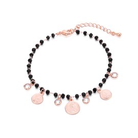 Ouran Coin and Crystal Pendant Link Bracelet for Women, Charming Rose Gold/Silver Plated Copper Chain with Black Crystal Bead Wrist Bracelet Best Gift for Friends