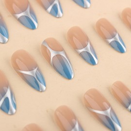 Press on Nails Medium Almond Fake Nails Blue French Tips False Nails Full Cover Glue on Nails Glossy Artificial Acrylic Stick on Nails for Women 24PCS