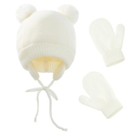 MAKFORT Baby Beanie Knitted Hat Winter Hat Boys Girls Warm Knitted Hats Gloves Set Kids Hat Beanie Double Layer Knitted Hat, Beige A