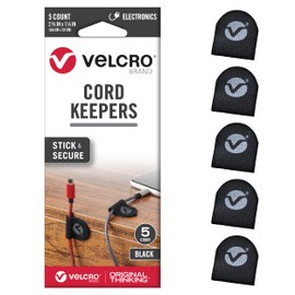 VELCRO Brand Cord Keepers | Charging Cord Organizer, Cord Holder for Nightstand, Desk | Removable Adhesive Backing | Soft Nylon Cable Clips | 5pk, Black