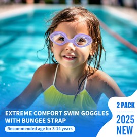 Risipu Kids Swimming Goggles 2 Pack | Bungee Strap No Hair Pulling | Anti Fog & Leak-Proof Design | Toddler Goggles with Quick Adjust | for Ages 3-14 (Light Pink, Purple)