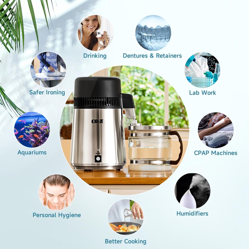 CO-Z 4L Brushed Stainless Steel Countertop Distiller Machine, Home Distilled