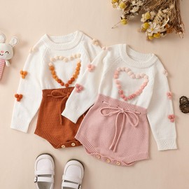 PanLidapan Valentine's Day Newborn Baby Girl Sweater Romper Heart Embroidery Long Sleeve Knit Jumpsuit Infant Fall Winter Warm Clothes (Pink, 6-9 Months)