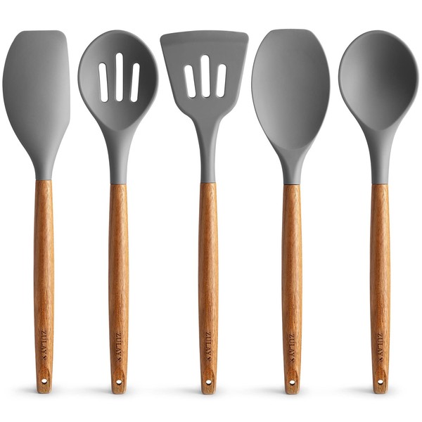 Premium 5 Piece Silicone Utensils Set with Authentic Acacia Hardwood Handles, All Purpose Silicone Spatulas Kitchen Set, Wood Cooking Utensils Set, Non-Stick Cookware by Zulay Kitchen