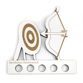 Geschenk Geldgeschenk für Bogenschützen – personalisierbar mit Wunschtext – HDF Holzschild mit 5 Geldschein-Haltern – Geschenkidee zum Geburtstag, Weihnachten, Ostern – Bogensport Dekoration