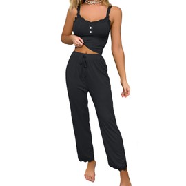 COZYEASE Women's Cute Pajama Set Lace Trim Button Front Cami Top and Drawstring Pants Pajama Sets Sleepwear Soft Black L