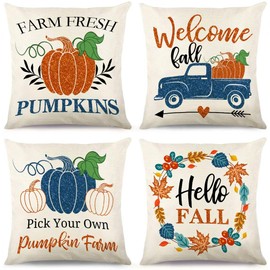 Juirnost Fall Throw Pillow Covers 18x18 Set of 4 Pumpkin Pattern Throw Pillowcase Farm Fresh Farmhouse Autumn Harvest Thanksgiving Throw Pillow Covers Cushion Cover 18 X 18