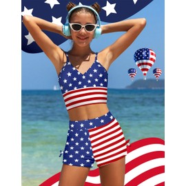 KANGKANG Girls Swimsuits, 4th of July Teen Swimsuit for Girl 12-14 V-Neck American Flag Tankini + Swim Shorts 2 Piece Fourth of July Patriotic Set