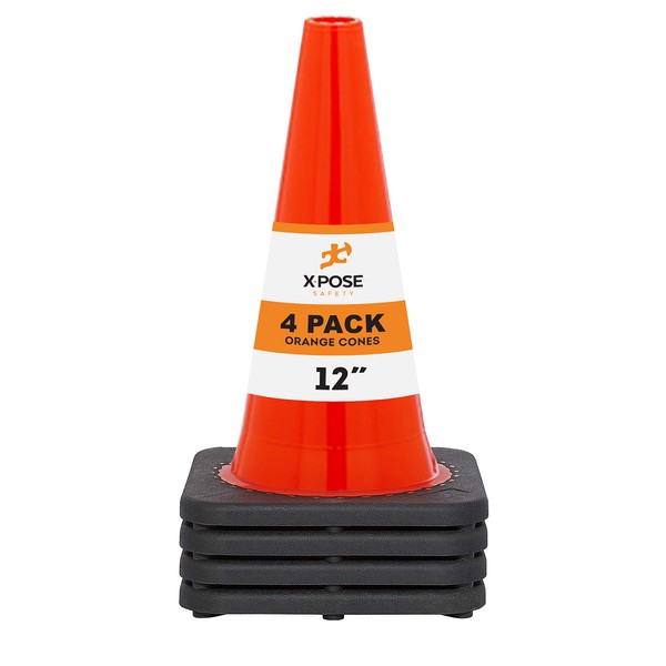 Xpose Safety 12 Inch Orange Traffic Cones, 4-Pack - Multipurpose PVC Plastic Safety Cone for Parking, Soccer, Caution, Kids and Construction