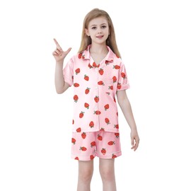 QZH.DUAO Girls Silk Pajamas Set Satin Button Down Sleepwear 2 Piece Pjs Loungewear Nightwear, Pink Strawberry, 5-6 Years