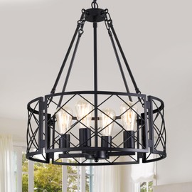 20'' Dining Room Chandelier, 4-Light Industrial Farmhouse Metal Hanging Light Fixture, Modern Kitchen Island Lighting, Rustic Black Drum Pendant Lights for Living Room, Bedroom, Foyer, Entryway