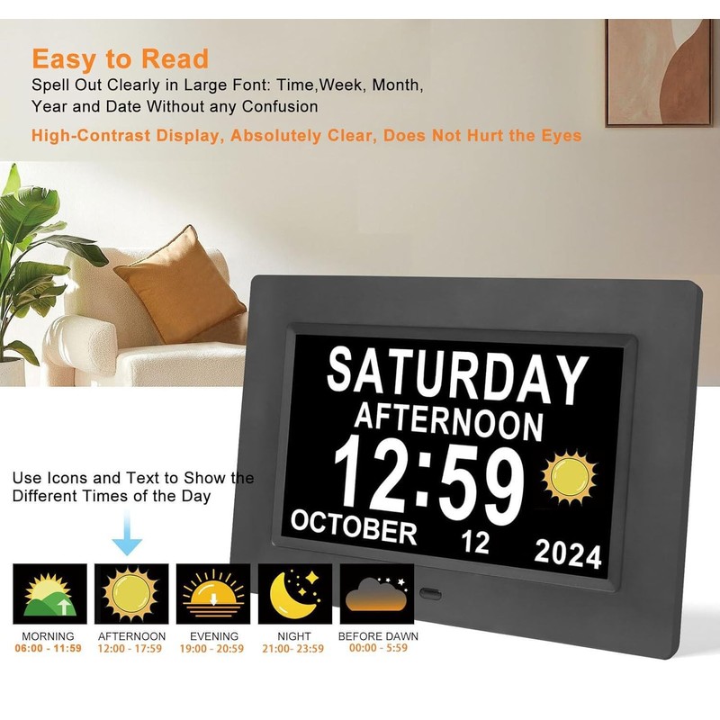 SSINI Digital Calendar Dementia Alarm Clock with Day and Date