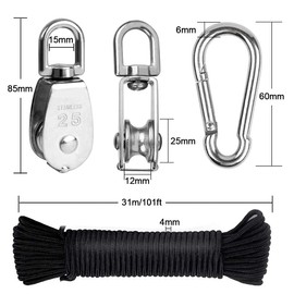Feibmir M25 Pulley Block,304 Stainless Steel Single Wheel,Wire Towing Wheel,Carabiner Snap Hook Clips,Nylon Line Rope