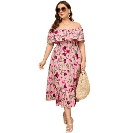 KOJOOIN Women Plus Size Off Shoulder Maxi Dress Ruffle Flowy Casual Summer Boho Long Dresses Pink Flower XL