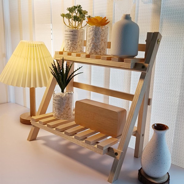 Wooden Double Layer Rack Desk Storage Organizer, Foldable 2-Tier Ladder