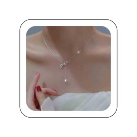 Vacaonio Bohemian Silver Crystal Bow Necklace Teardrop Cz Y Pendant Necklace Rhinestone Bow Tie Lariat Necklace Choker Sparkling Crystal Y Drop Necklace Chain Jewelry for Women