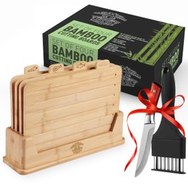 Premium Bamboo Cutting Board Set with Stand: Includes Bonus Meat Tenderizer and MultiKnife - Best Non-Toxic Cutting Boards, Best Kitchen Gift -I deal for Meat, Fish, Bread, Vegetables, and Fruits