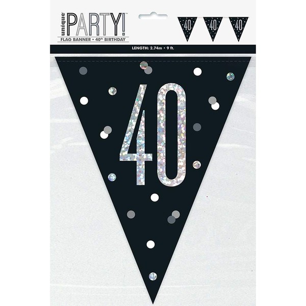 Unique 83427 Black Prismatic Polka Dots 40th Birthday Plastic Pennant Banner, 9 Ft 1 Pc, Age 40