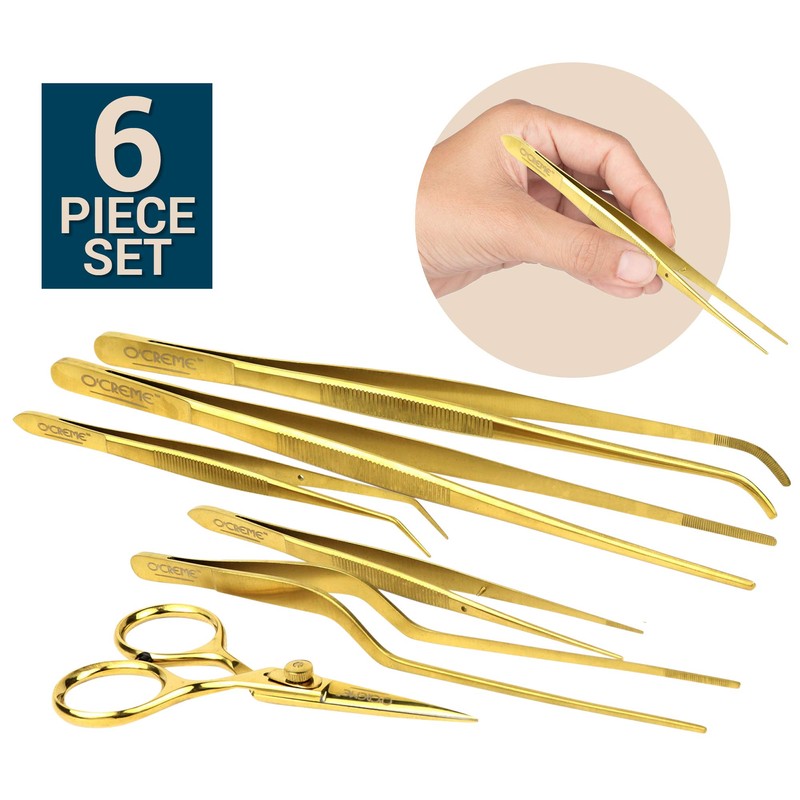 O'Creme Set of Culinary Tweezer Tongs Offset, Straight and Curved,