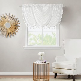 Vision Home White Semi Sheer Waterfall Valance Curtain with Decorative Tassles Trims Solid Kitchen Cafe Curtain for Living Room Bedroom Rod Pocket 56x38 inch,3 Panels