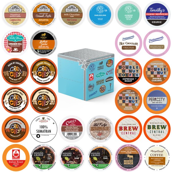 Variety Pack of Coffee, Tea, Hot Chocolate and Cappuccino, Sampler of Single Serve Coffee, Tea, Hot Cocoa and Cappuccino Pods for Keurig K Cups Machines, 30 Pack - No Duplicates
