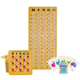 MR CHIPS Jam-Proof Bingo Cards with Sliding Windows, 25 Reusable Bingo Shutter Cards, 75 Bingo Calling Cards, 1 Bingo Master Board in Woodgrain Style