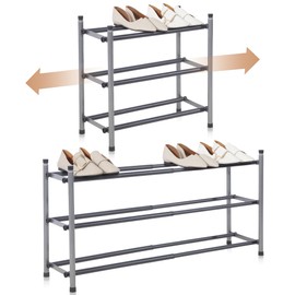 STORAGE MANIAC Expandable Shoe Rack, 12 Pairs Stackable Small Shoe Rack, Metal Adjustable Shoes Organizer for Closet, Entryway, Hallway, Garage, Front Door, Shoes Shelves, Black 3 Tier