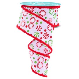 Peppermints and Christmas Candy Wired Ribbon for Crafts, Wreaths, Bows, Floral Arrangements, Gift Wrap (White, Red, Green with Drift Edge, 2.5" x 10 Yards)