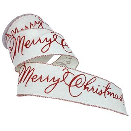 Morex Ribbon Wired Taffeta Merry Christmas Greeting Ribbon, 2.5 inch by 10 Yards, Red/White