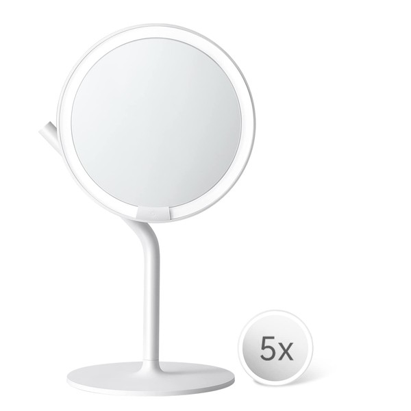 AMIRO LED Mirror, 6.5 Inch Makeup Mirror, 5x Magnifier, Makeup Mirror, Actress Mirror, 95% Natural Light Reproduction, Uniform Glow, 5 Levels of Brightness, Memory Function, 180° Rotation, Touch Type, Type-C Charging Cable, Storage Hook, White