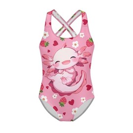 Xpyiqun Axolotl Bathing Suit Strawberry One Piece Athletic Swimwear Cute Swimsuits for Girls 9-10 Summer Kids Beach Cross Shoulder Strap Swimming Suits Back to School Outfits Practice Gym Leotard