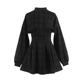 Gothic Plaid Dress Black Long-Sleeved Dress Dark Mini Black Dress Emo Dress (X-Large)